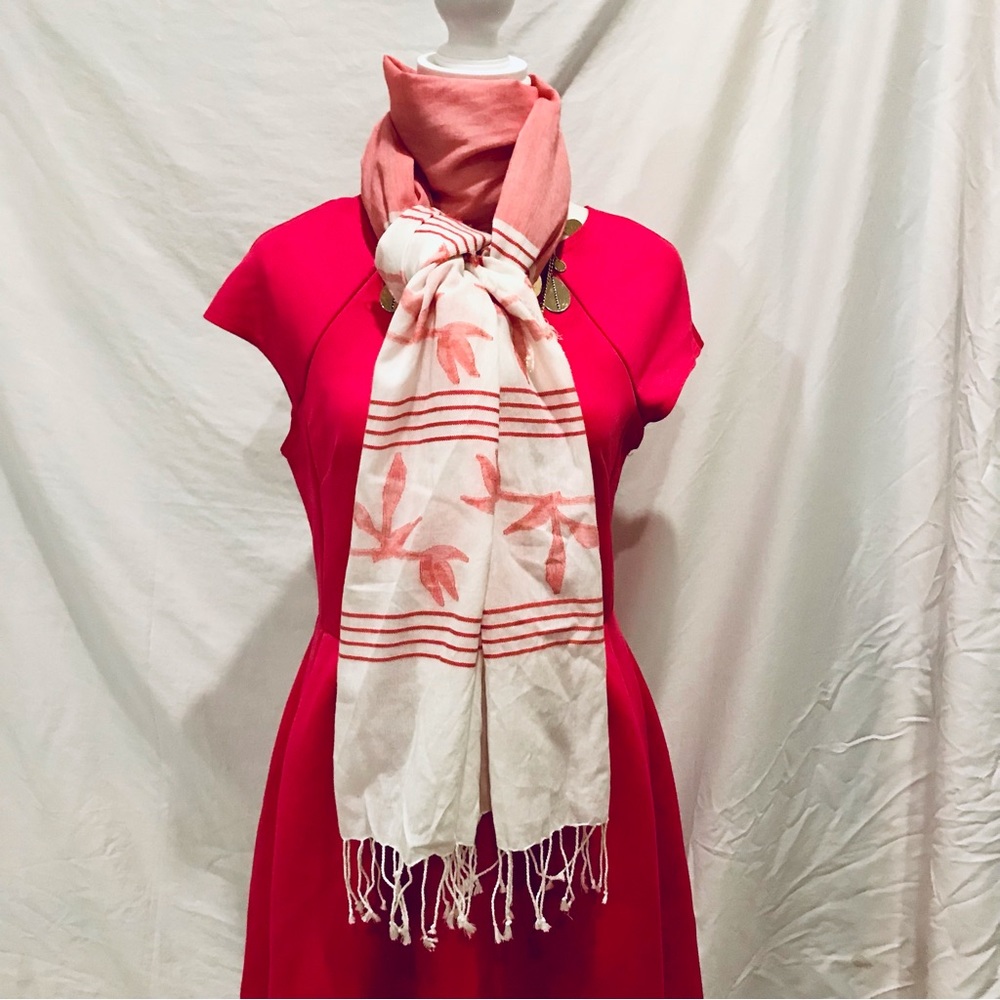 Rituals red & white rectangular cotton fringed scarf. NWT. In pristine condition